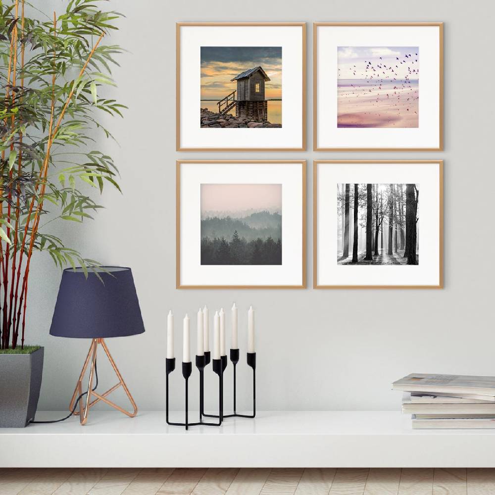Photolini 4er Set Alu-Bilderrahmen 30x30 cm Gold Modern mit Passepartout 20x20 cm