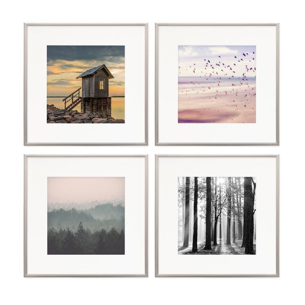 Photolini 4er Set Alu-Bilderrahmen 30x30 cm Silber Modern mit Passepartout 20x20 cm Flash Sale