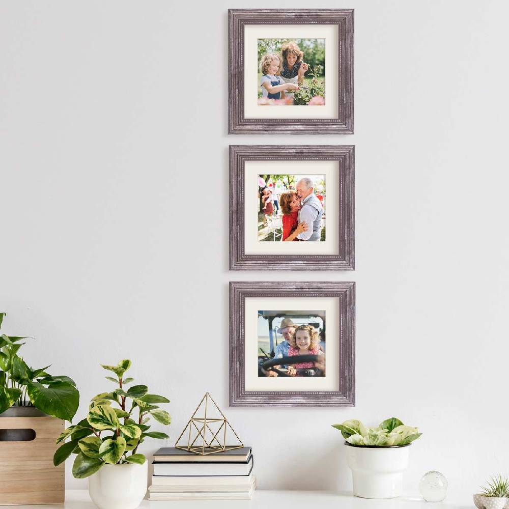 Photolini 3er Bilderrahmen-Set Silber Barock Antik 20x20 cm mit Passepartout