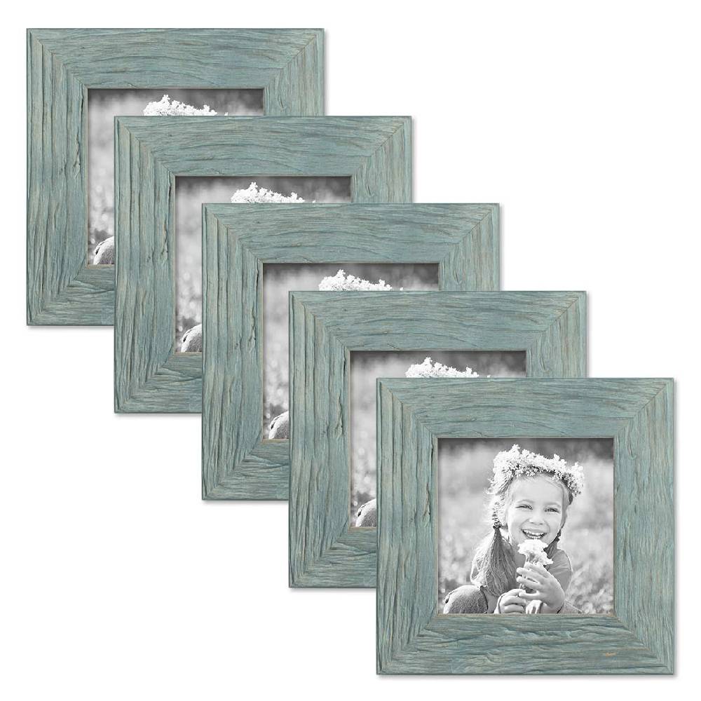 Photolini 5er Bilderrahmen-Set 10x10 cm Strandhaus Blau Rustikal Massivholz