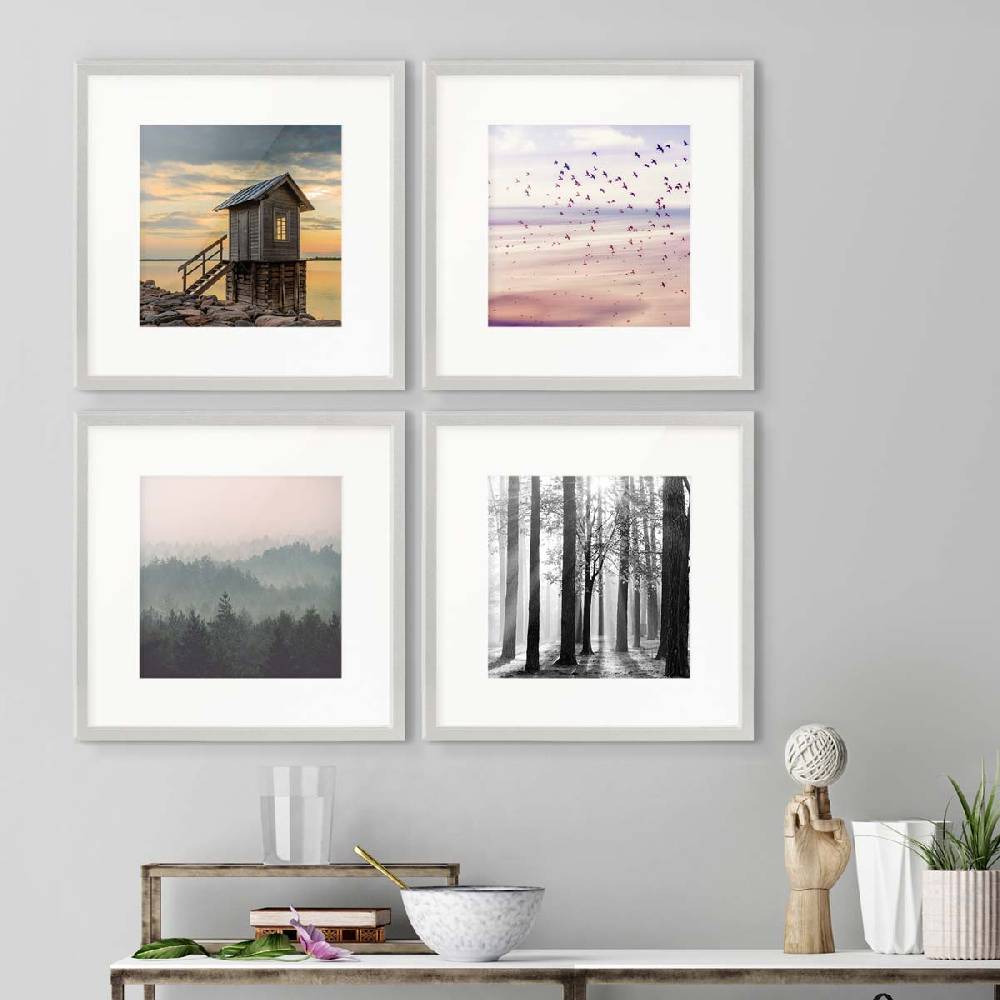 Photolini 4er Set Poster-Bilderrahmen 30x30 cm Modern Silber MDF mit Passepartout