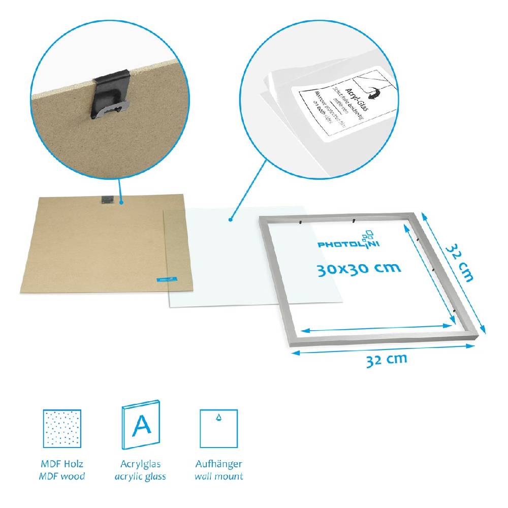 Photolini 4er Set Poster-Bilderrahmen 30x30 cm Modern Silber MDF mit Passepartout Bis zu 50% Rabatt
