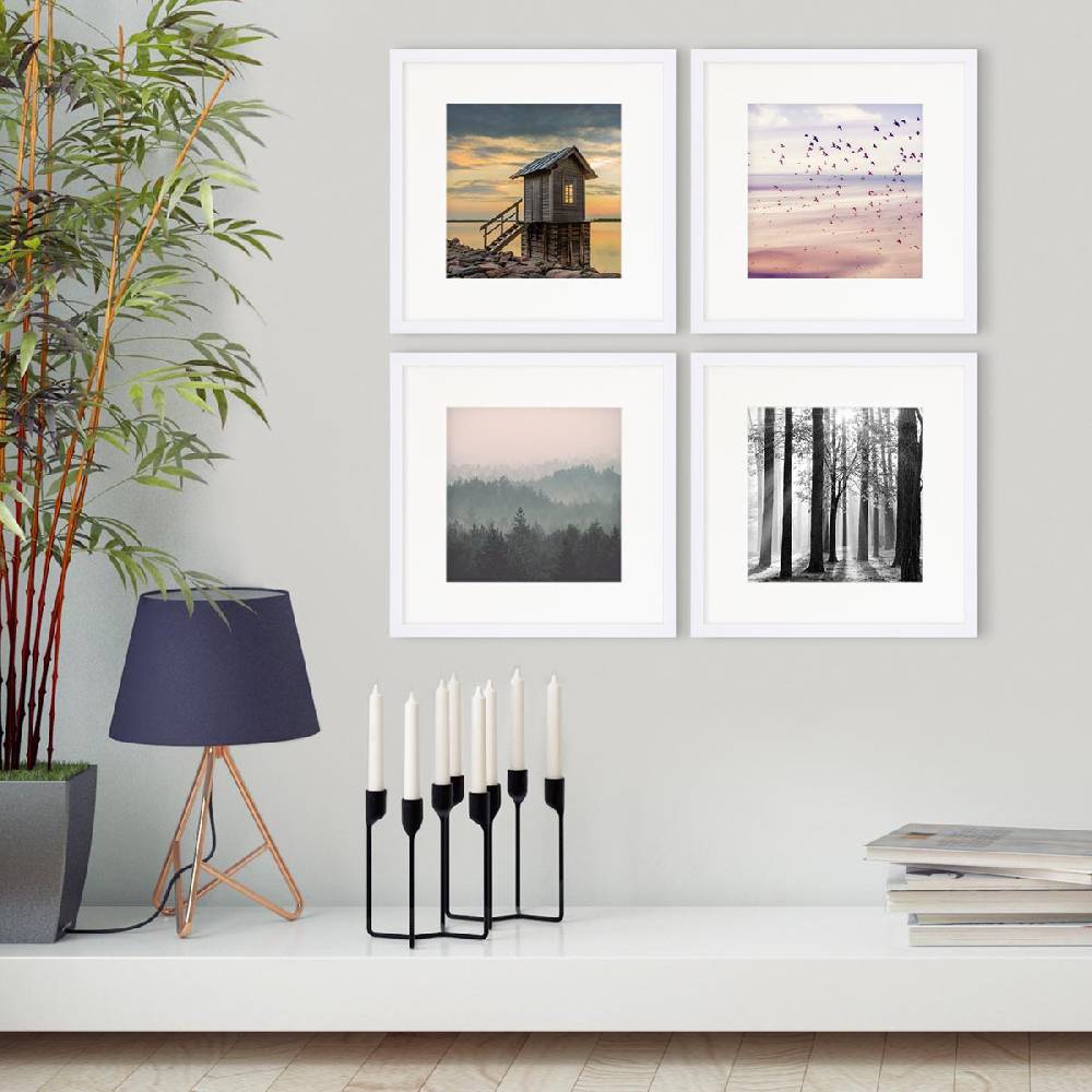 Photolini 4er Set Poster-Bilderrahmen 30x30 cm Modern Weiß MDF mit Passepartout