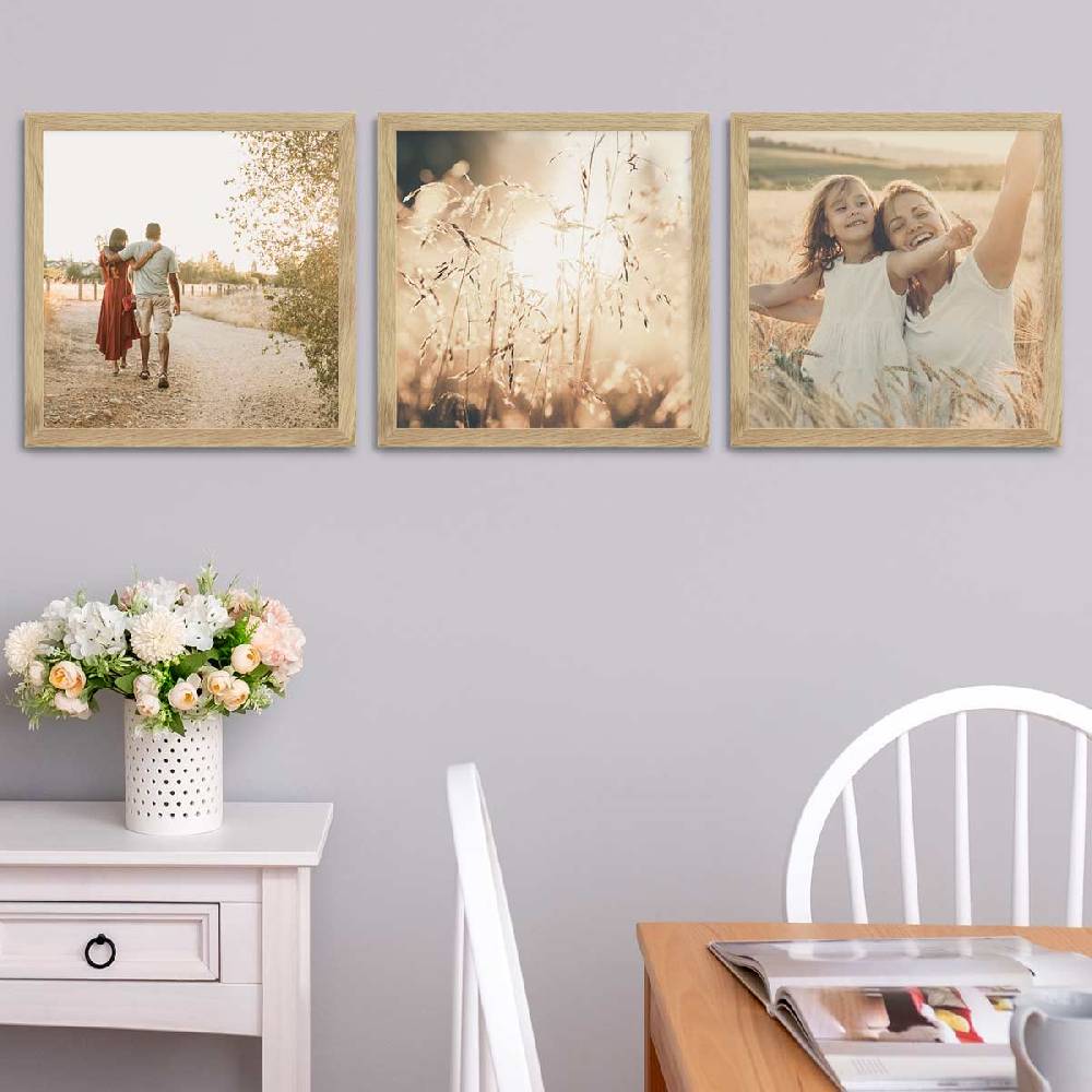 Photolini 3er Bilderrahmen-Set breit 40x40 cm Eiche Massivholzz | Acrylglas