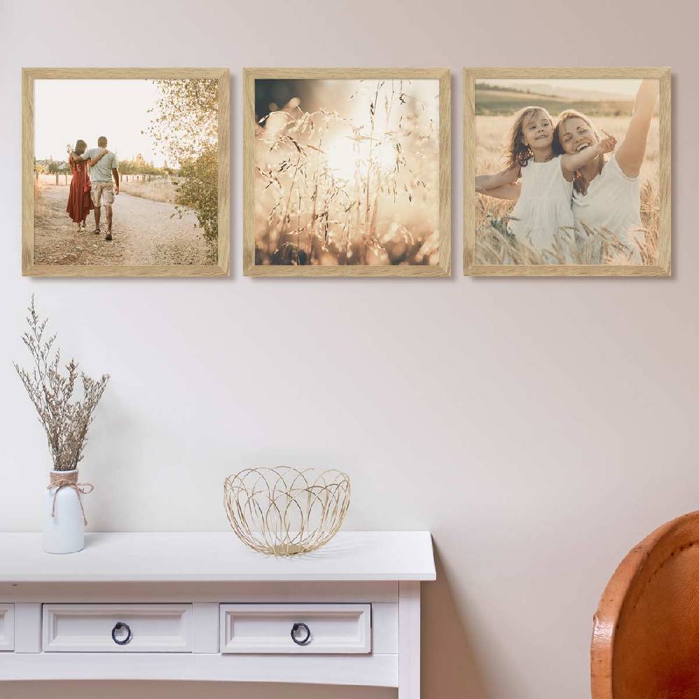 Photolini 3er Bilderrahmen-Set breit 40x40 cm Eiche Massivholzz | Acrylglas Sonderangebot der Fabrik