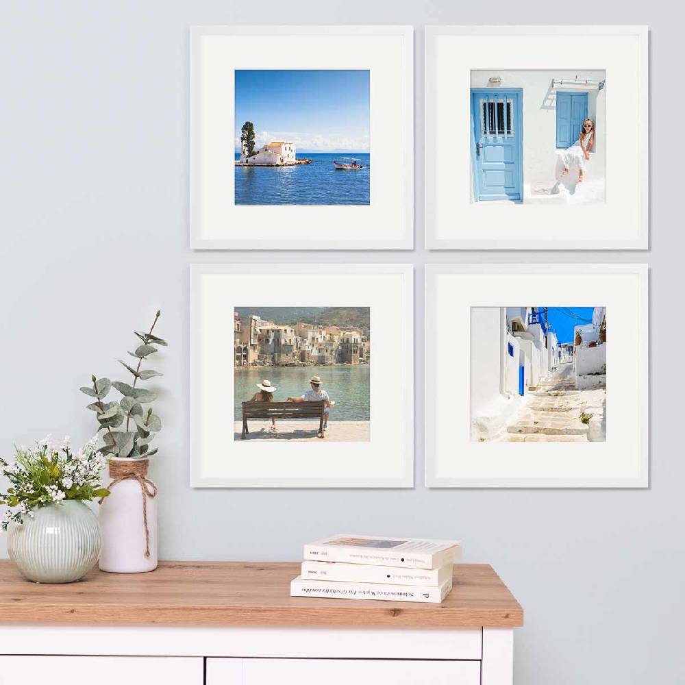 Photolini 4er Bilderrahmen-Set Weiß 30x30 cm mit Passepartout Massivholz mit Acrylglasscheibe