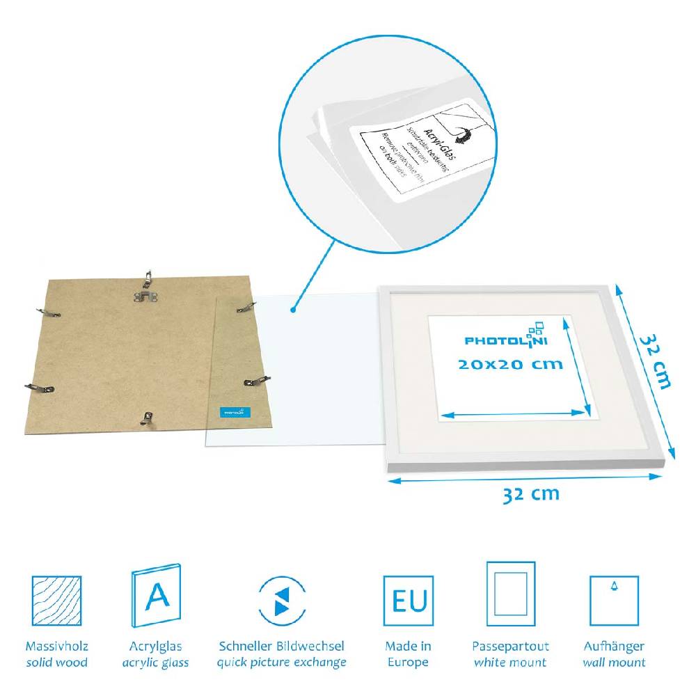 Photolini 4er Bilderrahmen-Set Weiß 30x30 cm mit Passepartout Massivholz mit Acrylglasscheibe Bis zu 55% Rabatt
