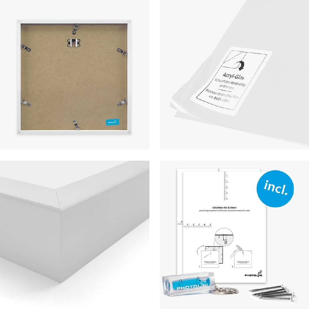 Photolini 4er Bilderrahmen-Set Weiß 30x30 cm mit Passepartout Massivholz mit Acrylglasscheibe Bis zu 55% Rabatt
