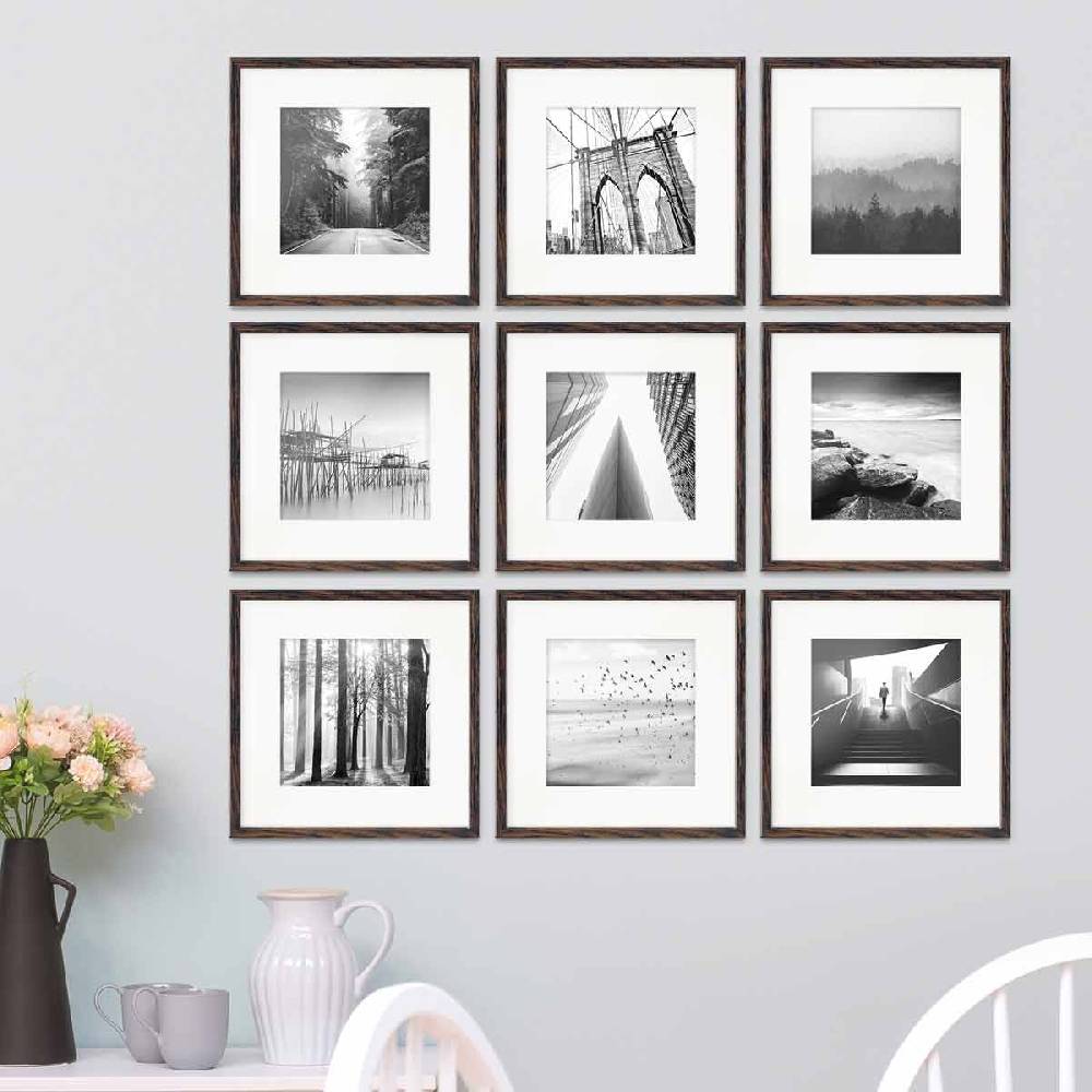 Photolini 9er Set Poster-Bilderrahmen 30x30 cm Eiche Dunkel MDF mit Passepartout