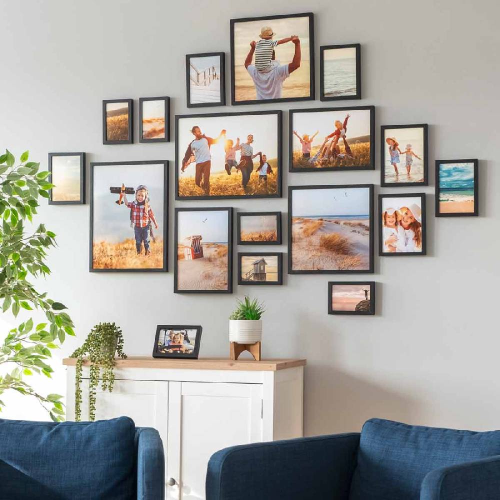 Photolini 17er Bilderrahmen-Set Schwarz Massivholz Schmal 10x15 bis 30x40 cm mit Acrylglasscheibe