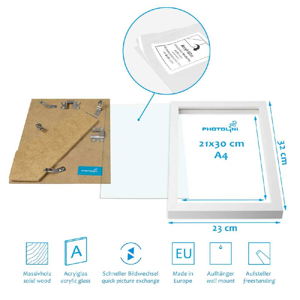 Photolini 15er Bilderrahmen-Set Weiß aus Massivholz Schmal Treppenhaus 10x15 bis 21x30 cm mit Acrylglasscheibe Outlet