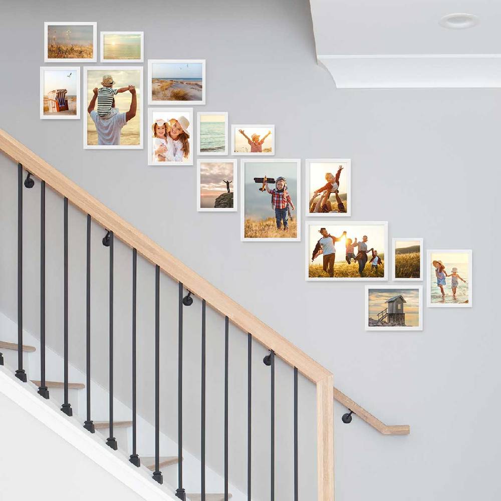Photolini 15er Bilderrahmen-Set Weiß aus Massivholz Schmal Treppenhaus 10x15 bis 21x30 cm mit Acrylglasscheibe Outlet