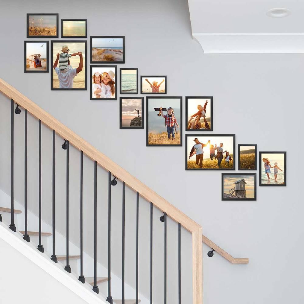 Photolini 15er Bilderrahmen-Set Schwarz aus Massivholz Schmal Treppenhaus 10x15 bis 21x30 cm mit Acrylglasscheibe