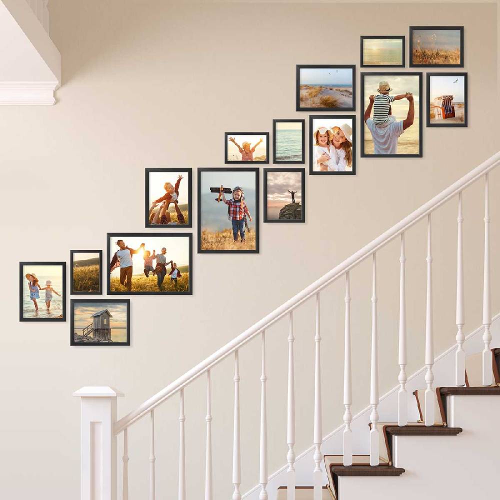 Photolini 15er Bilderrahmen-Set Schwarz aus Massivholz Schmal Treppenhaus 10x15 bis 21x30 cm mit Acrylglasscheibe Verkauf