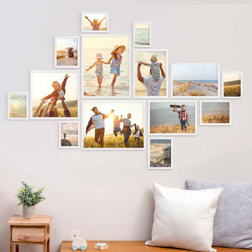 Photolini 14er Bilderrahmen-Set Weiß Massivholz Schmal 10x15 bis 30x40 cm mit Acrylglasscheibe