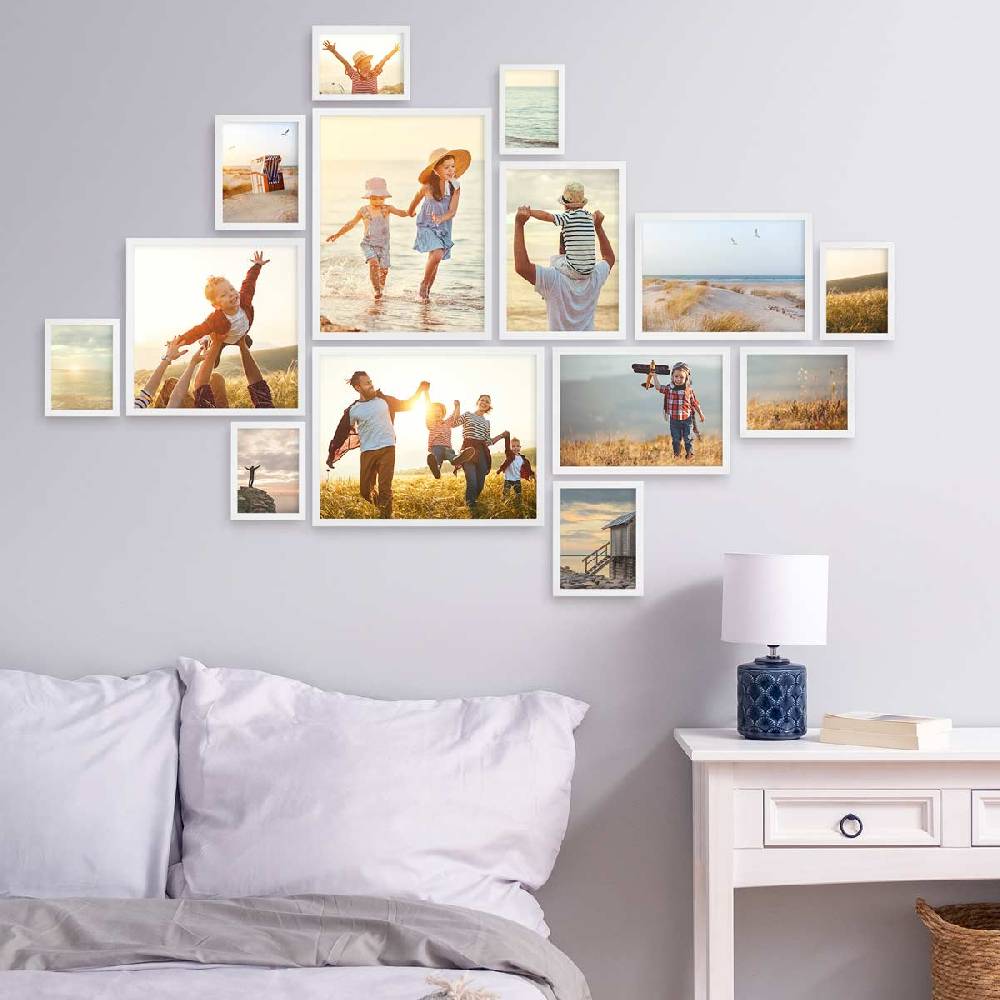 Photolini 14er Bilderrahmen-Set Weiß Massivholz Schmal 10x15 bis 30x40 cm mit Acrylglasscheibe Angebote