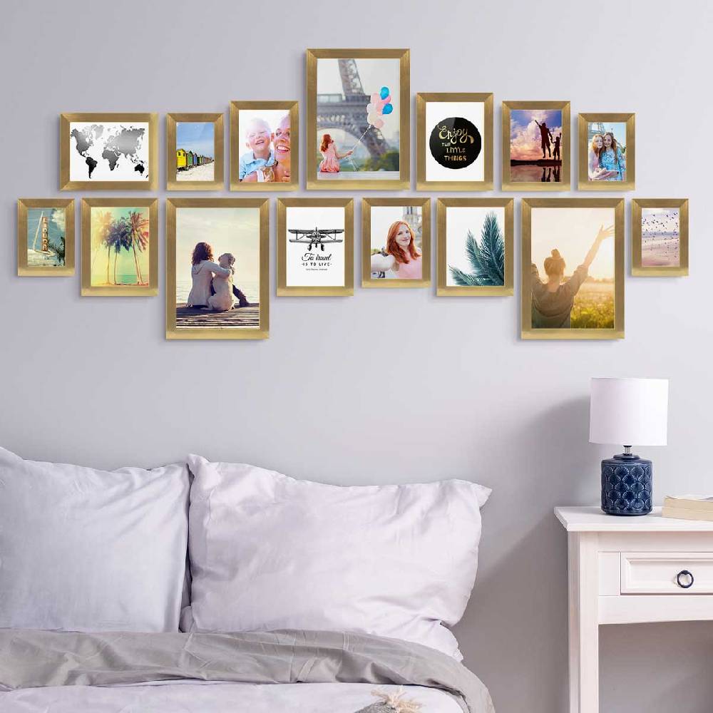 Photolini 15er Bilderrahmen-Set Gold breit modern MDF-Holz mit Acrylglas Hotsell