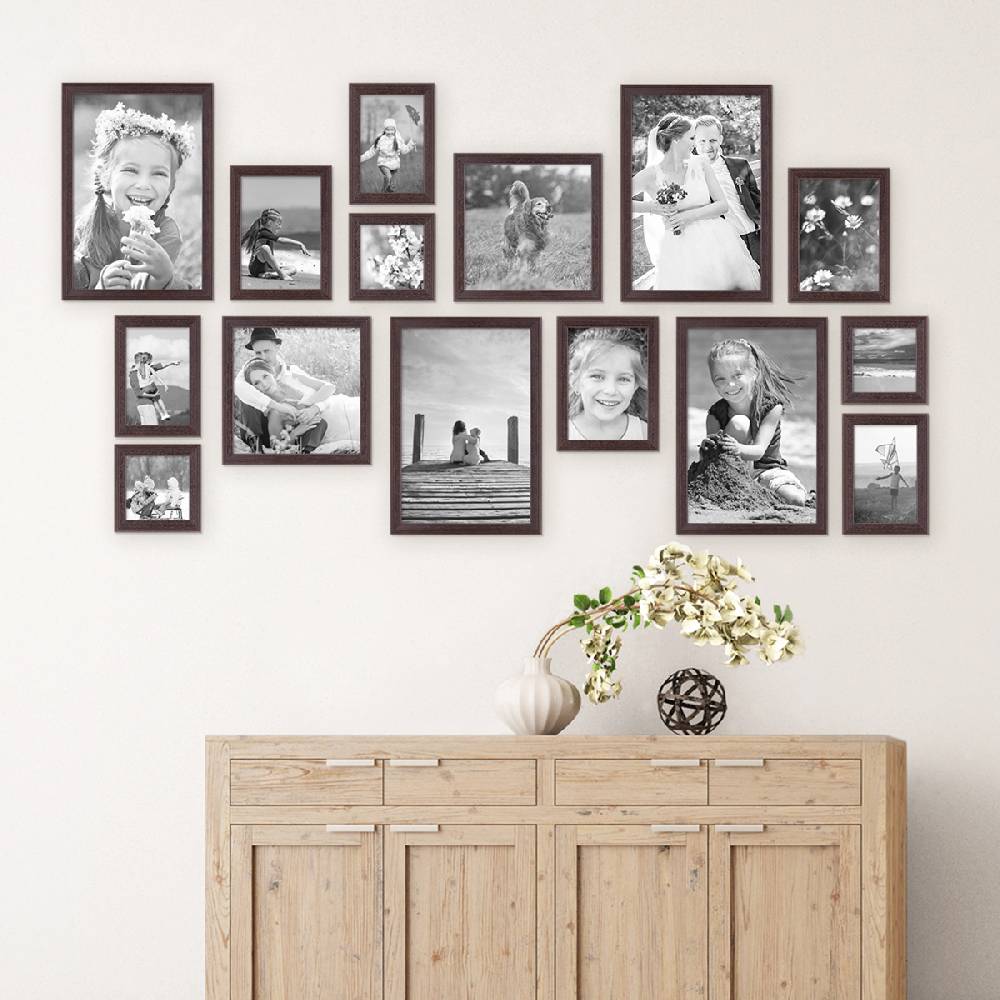 Photolini 15er Set Landhaus-Bilderrahmen Nuss Modern Massivholz