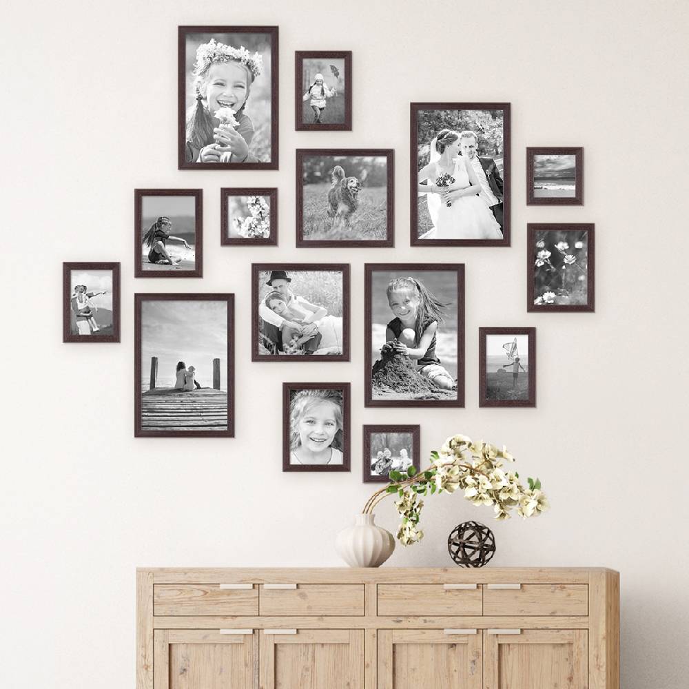 Photolini 15er Set Landhaus-Bilderrahmen Nuss Modern Massivholz Schlussverkauf