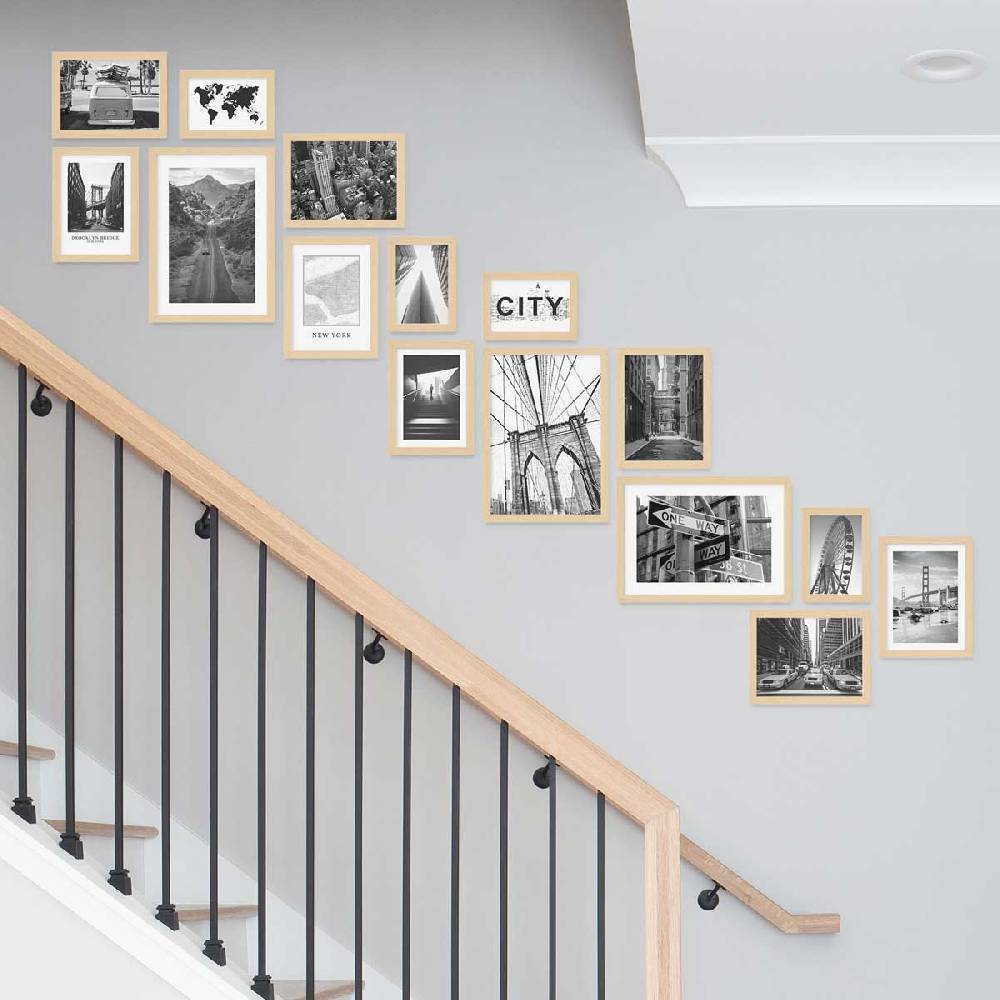 Photolini 15er Bilderwand Treppenhaus - Bilderrahmen-Set Modern Natur aus MDF