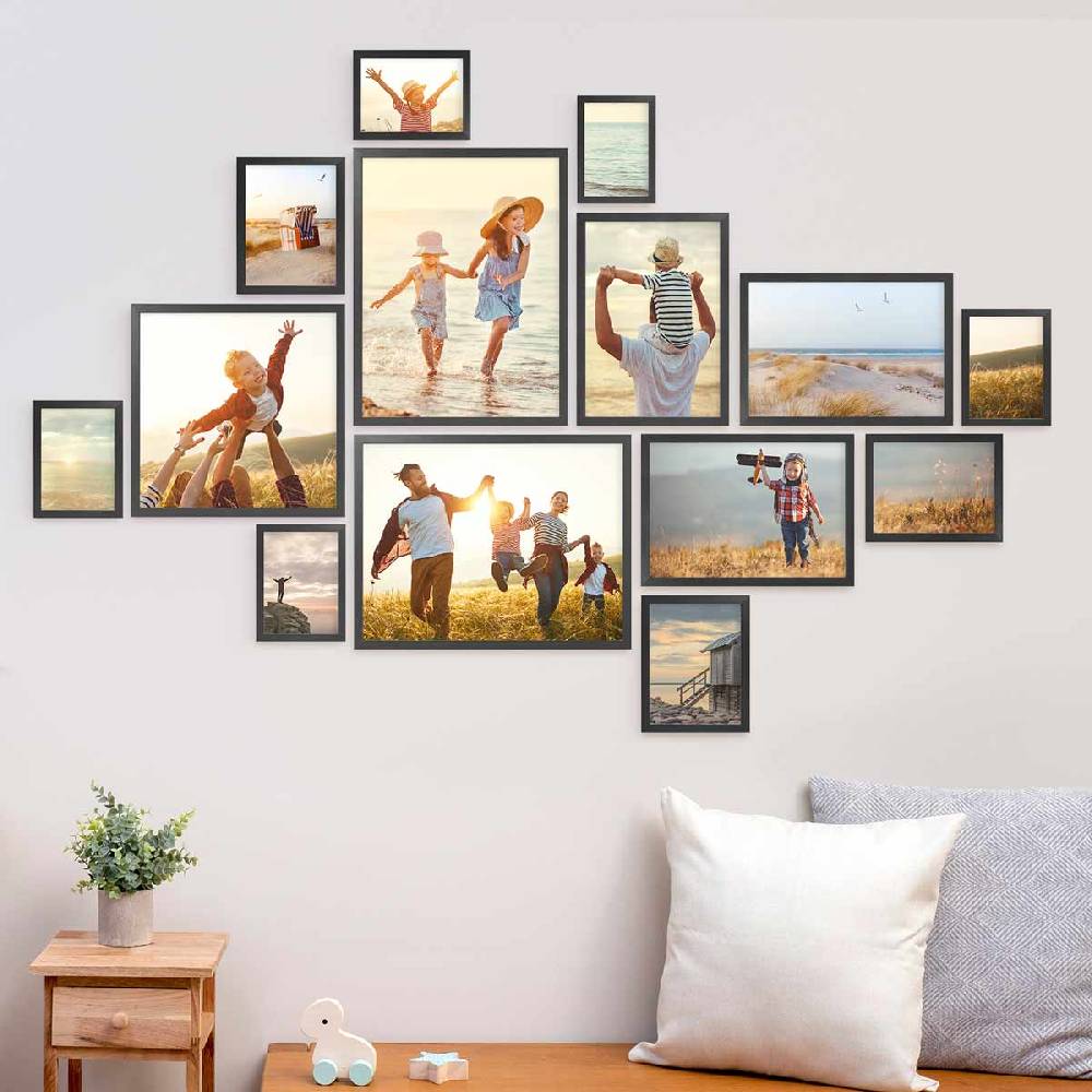 Photolini 14er Bilderrahmen-Set Schwarz Massivholz Schmal 10x15 bis 30x40 cm mit Acrylglasscheibe