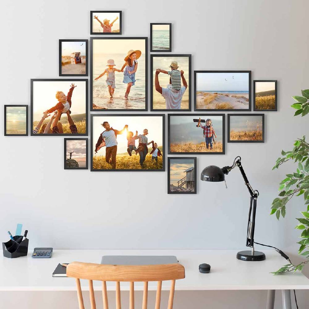 Photolini 14er Bilderrahmen-Set Schwarz Massivholz Schmal 10x15 bis 30x40 cm mit Acrylglasscheibe Blitzverkäufe