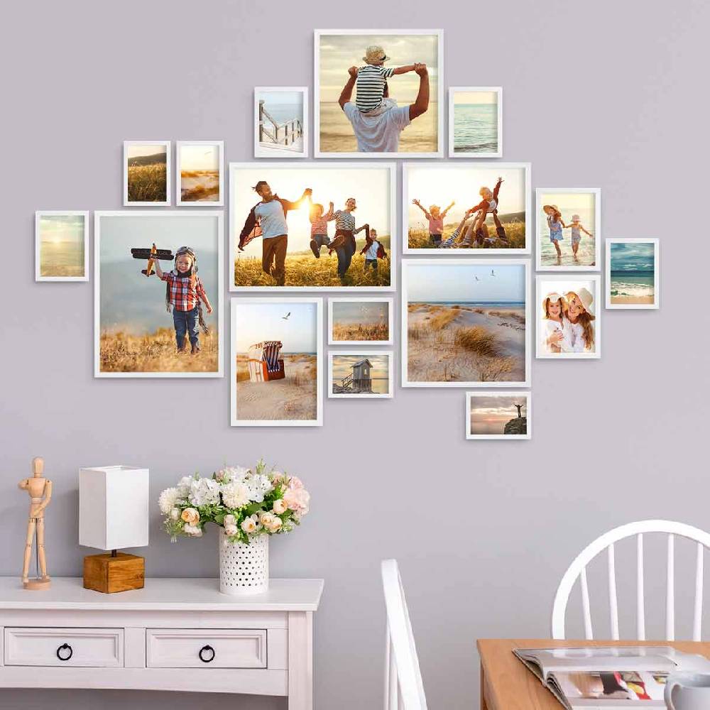 Photolini 17er Bilderrahmen-Set Weiß Massivholz Schmal 10x15 bis 30x40 cm mit Acrylglasscheibe