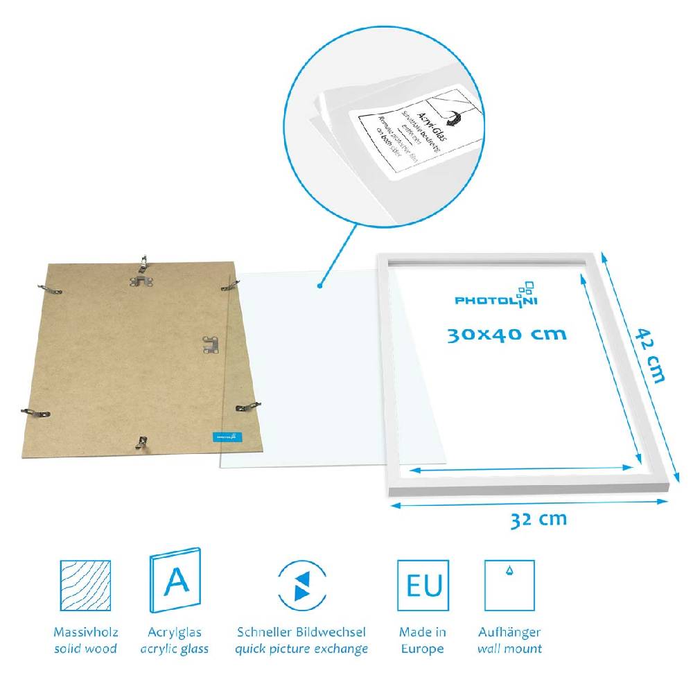 Photolini 17er Bilderrahmen-Set Weiß Massivholz Schmal 10x15 bis 30x40 cm mit Acrylglasscheibe Fabrikpreis