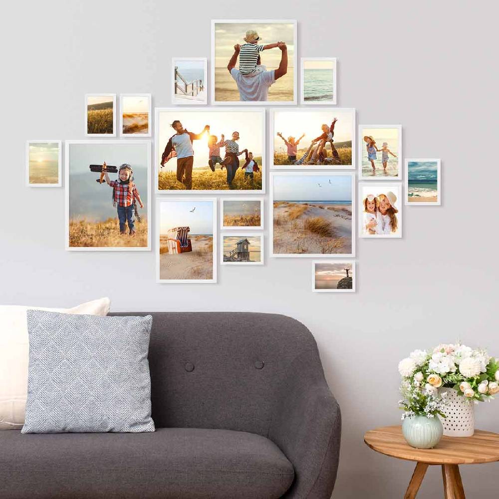 Photolini 17er Bilderrahmen-Set Weiß Massivholz Schmal 10x15 bis 30x40 cm mit Acrylglasscheibe Fabrikpreis
