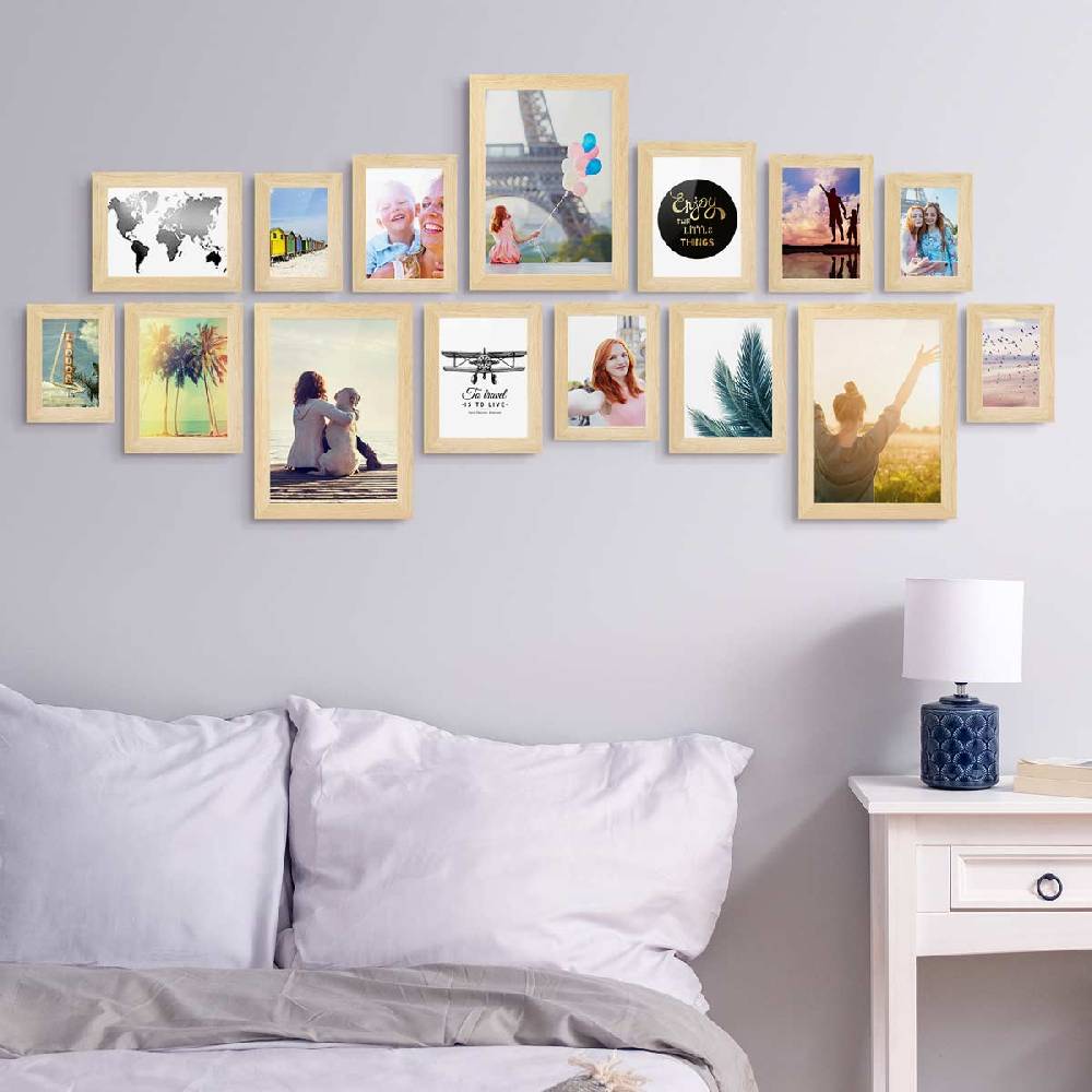 Photolini 15er Bilderrahmen-Set Natur breit modern MDF-Holz mit Acrylglas