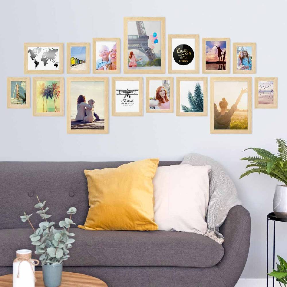 Photolini 15er Bilderrahmen-Set Natur breit modern MDF-Holz mit Acrylglas Rabatt