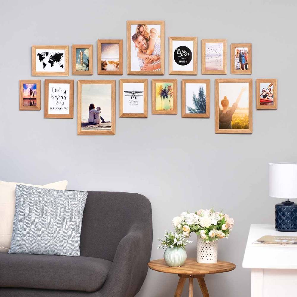 Photolini 15er Bilderrahmen-Set Eiche breit modern Massivholz mit Acrylglas