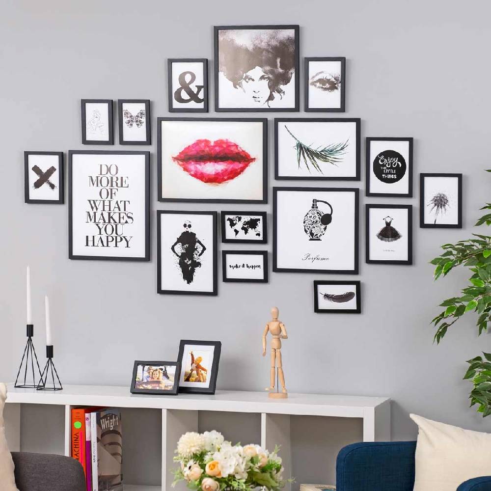 Photolini 17er Bilderrahmen-Set Modern Schwarz aus MDF