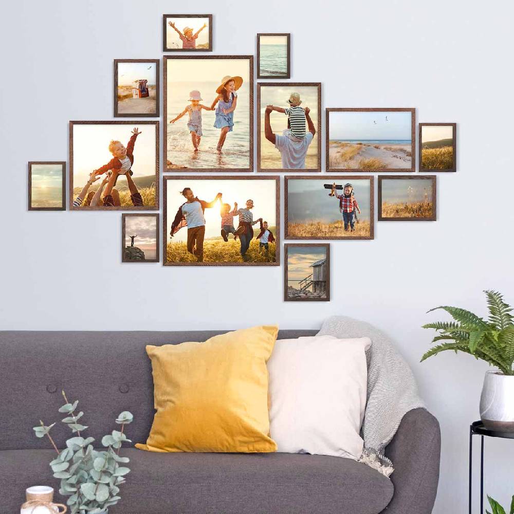 Photolini 14er Bilderrahmen-Set Eiche Dunkel Massivholz Schmal 10x15 bis 30x40 cm mit Acrylglasscheibe