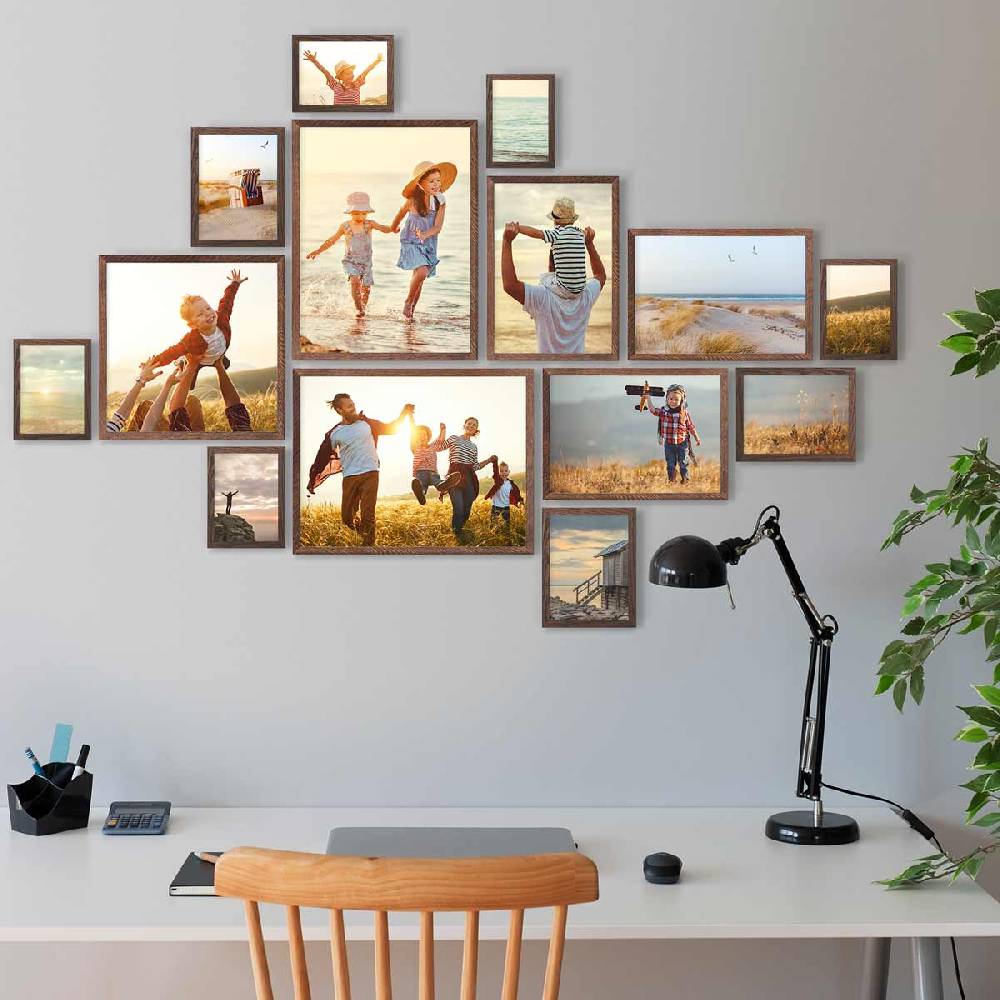 Photolini 14er Bilderrahmen-Set Eiche Dunkel Massivholz Schmal 10x15 bis 30x40 cm mit Acrylglasscheibe Begrenztes Angebot