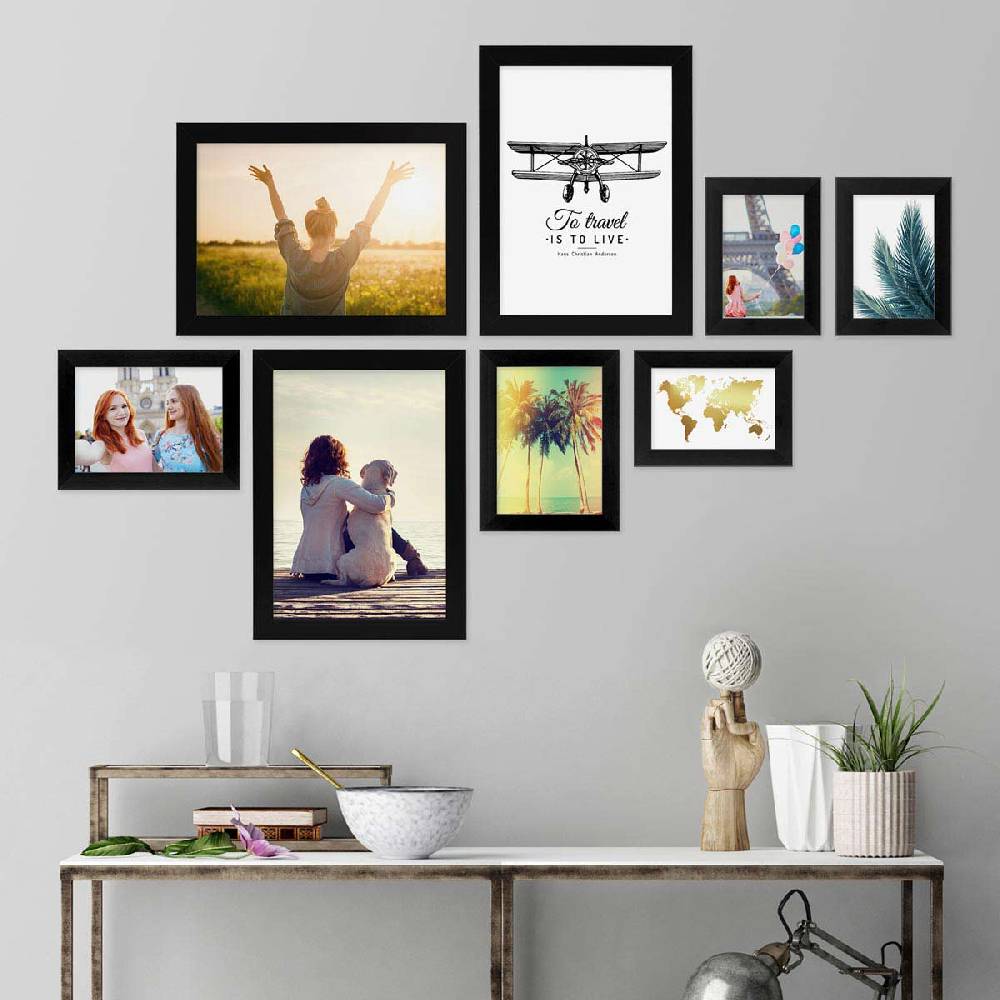 Photolini 8er Bilderrahmen-Set Schwarz breit modern MDF-Holz mit Acrylglas