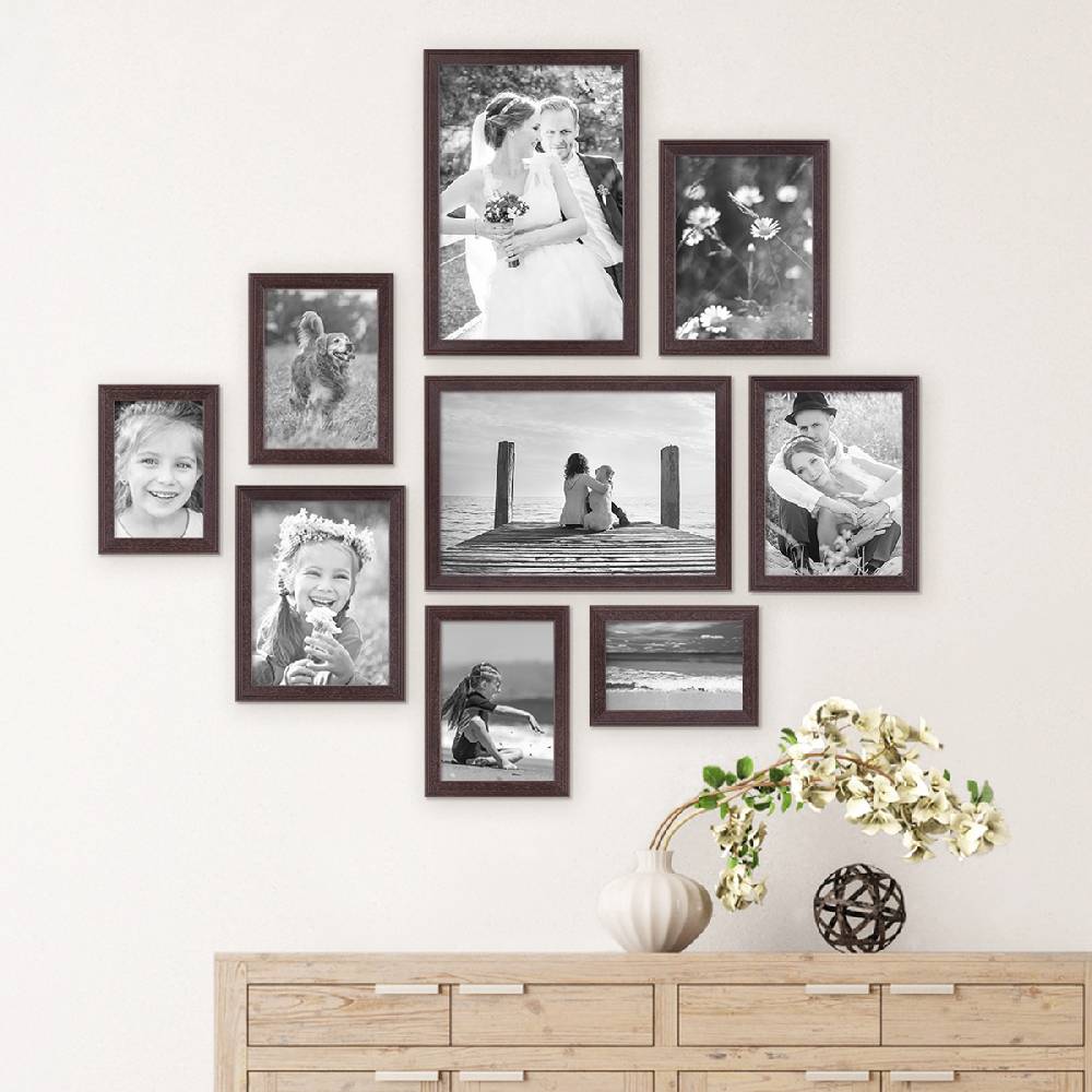 Photolini 9er Set Landhaus-Bilderrahmen Nuss Modern Massivholz-Rahmen und Zubehör