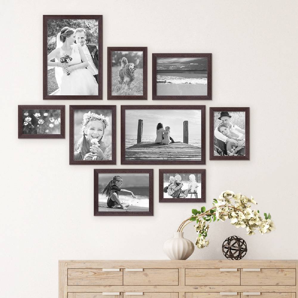 Photolini 9er Set Landhaus-Bilderrahmen Nuss Modern Massivholz-Rahmen und Zubehör Exklusivangebot