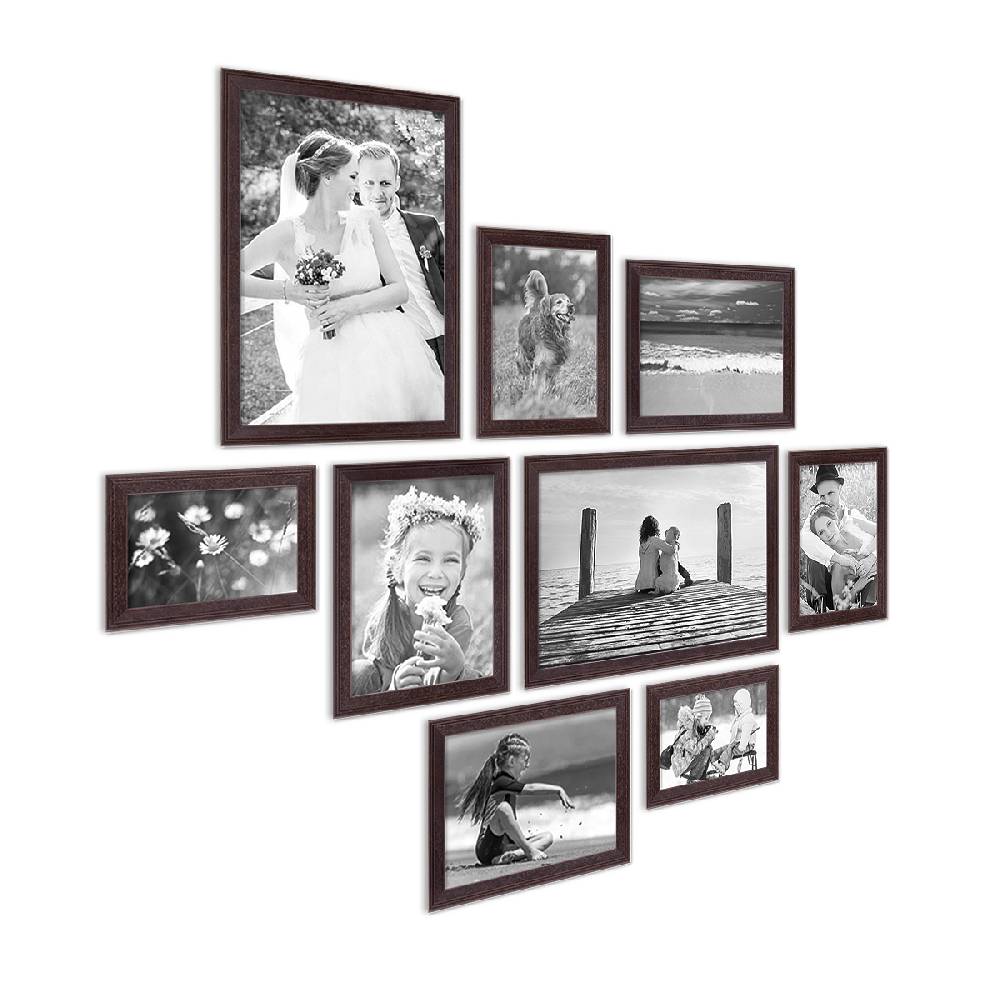 Photolini 9er Set Landhaus-Bilderrahmen Nuss Modern Massivholz-Rahmen und Zubehör Exklusivangebot
