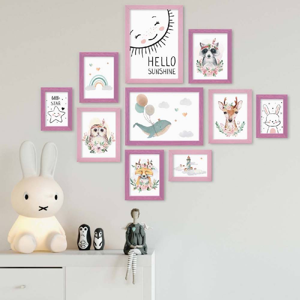 Photolini 10er Set Bilderrahmen Rosa Lila Massivholz 10x15 bis 21x30 cm | Acrylglas