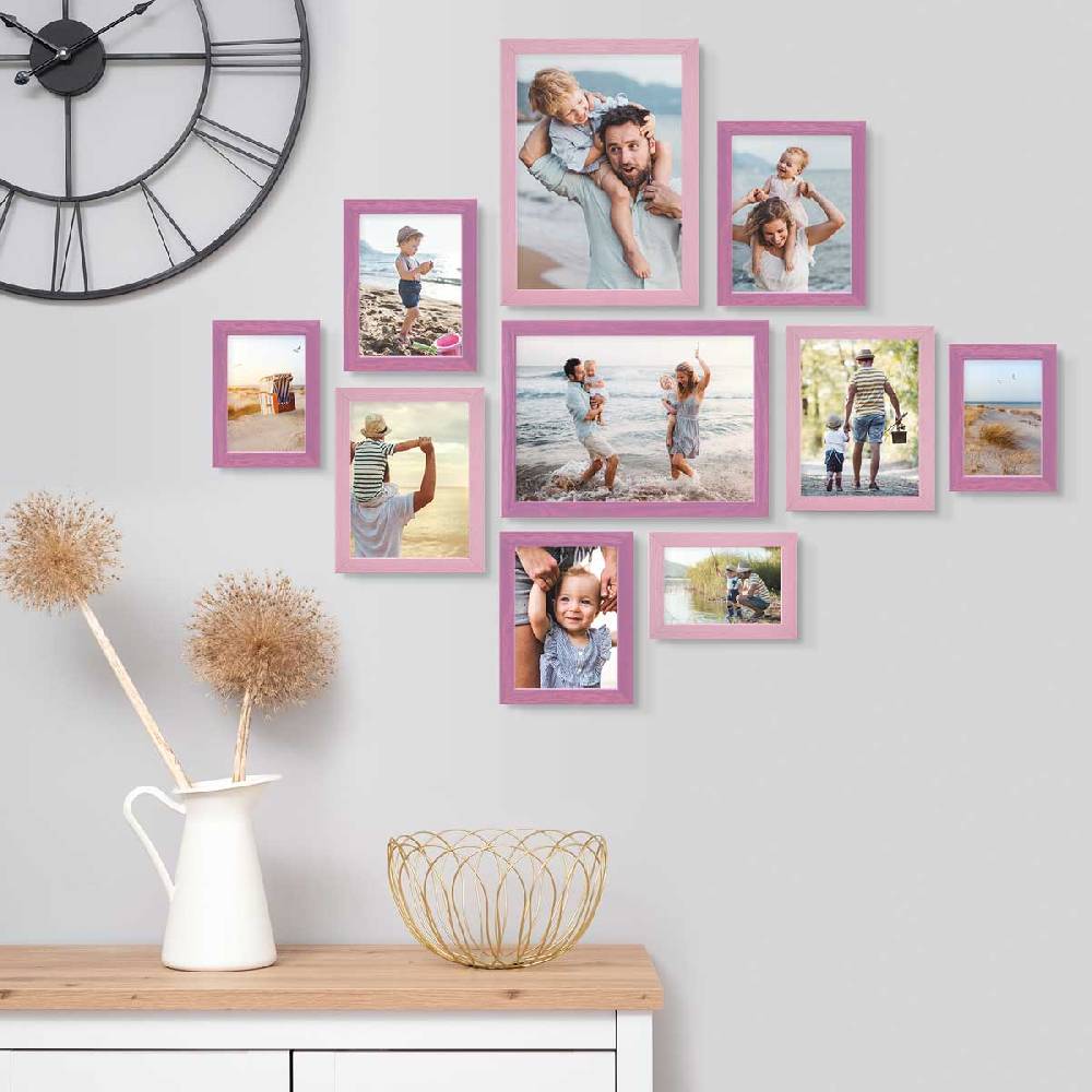 Photolini 10er Set Bilderrahmen Rosa Lila Massivholz 10x15 bis 21x30 cm | Acrylglas Weihnachtsangebot