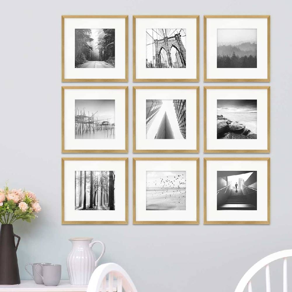 Photolini 9er Set Poster-Bilderrahmen 30x30 cm Modern Gold MDF mit Passepartout