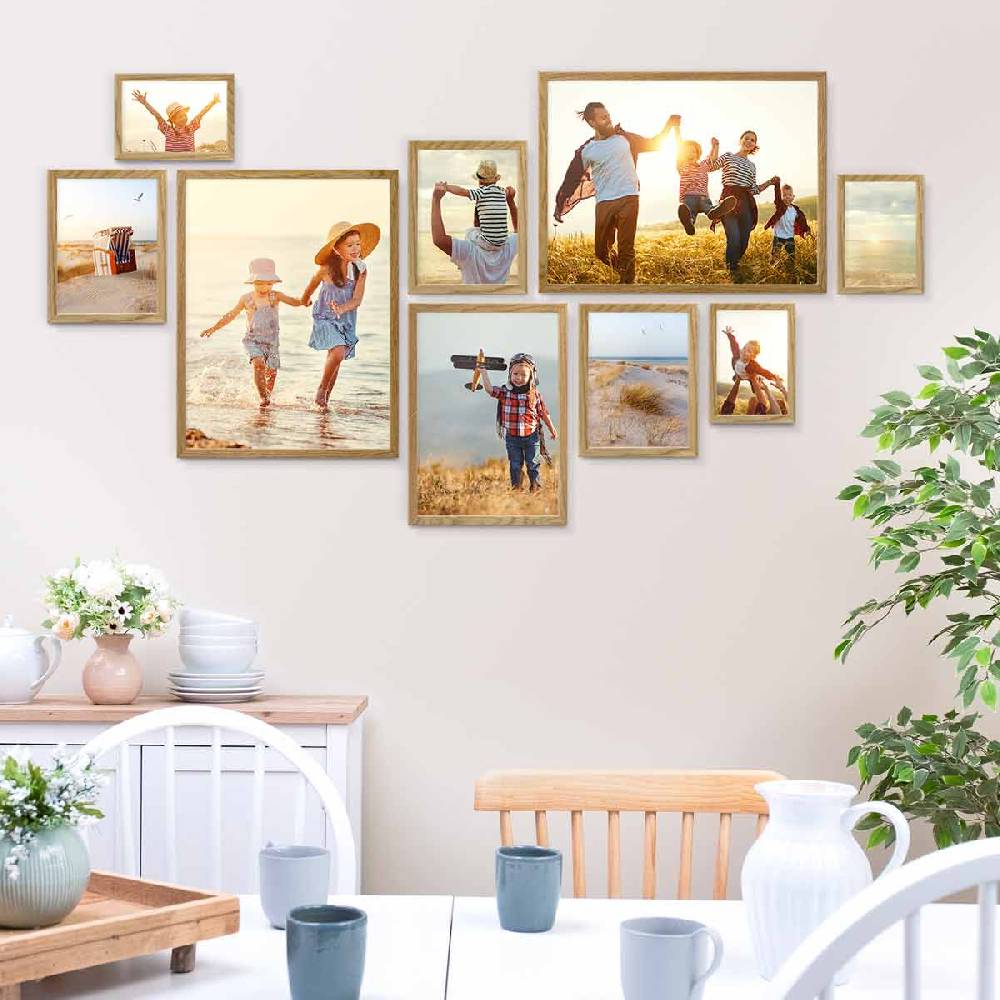 Photolini 9er Bilderrahmen-Set Eiche Massivholz Schmal 10x15 bis 30x40 cm mit Acrylglasscheibe