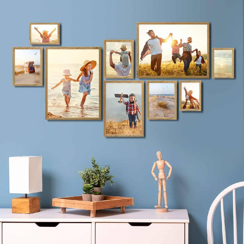 Photolini 9er Bilderrahmen-Set Eiche Massivholz Schmal 10x15 bis 30x40 cm mit Acrylglasscheibe Muttertagsangebot