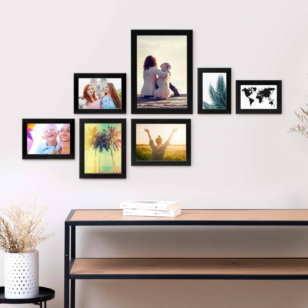 Photolini 7er Bilderrahmen-Set Schwarz breit modern MDF-Holz mit Acrylglas