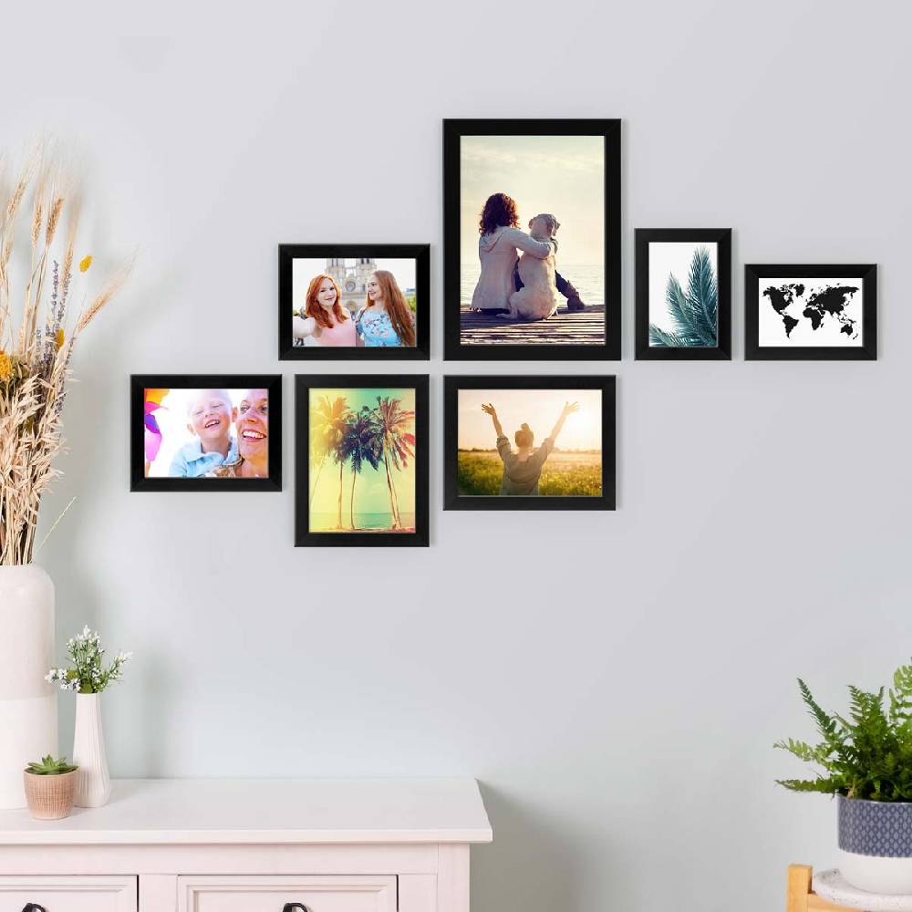 Photolini 7er Bilderrahmen-Set Schwarz breit modern MDF-Holz mit Acrylglas Jubiläumsangebot