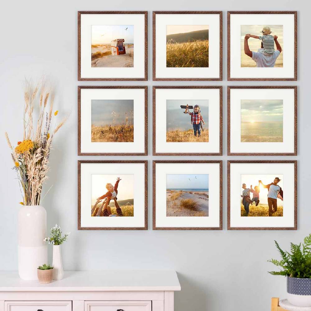 Photolini 9er Bilderrahmen-Set Eiche Dunkel 30x30 cm mit Passepartout Massivholz mit Acrylglasscheibe