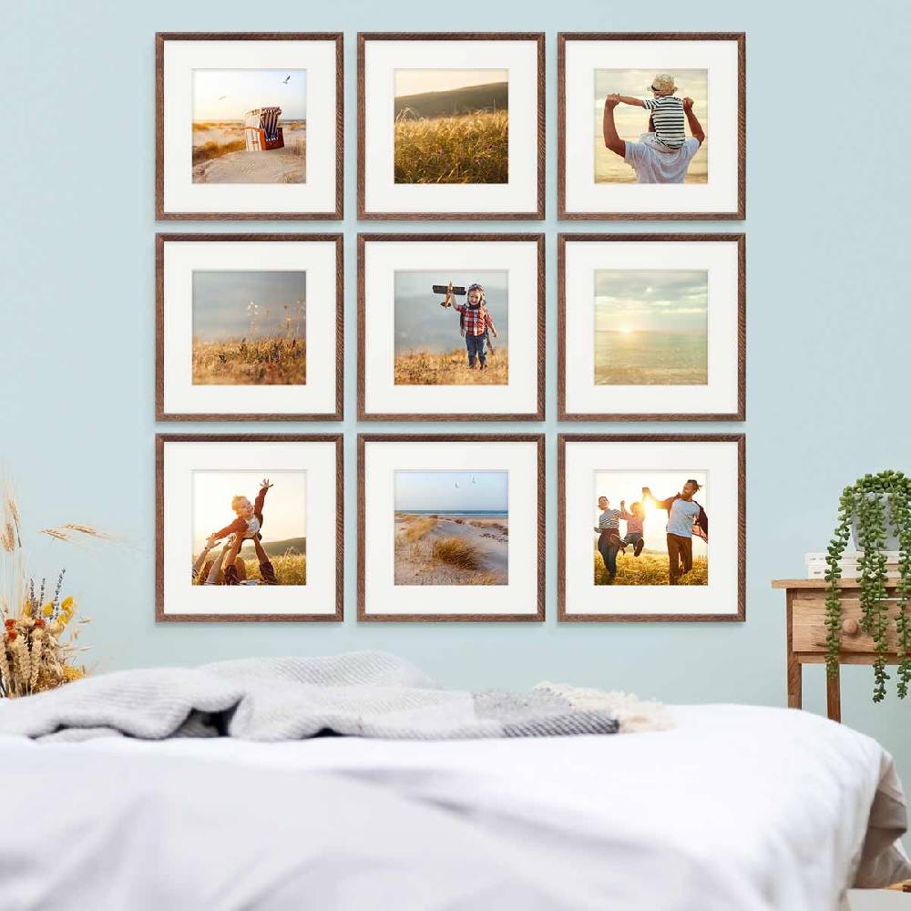 Photolini 9er Bilderrahmen-Set Eiche Dunkel 30x30 cm mit Passepartout Massivholz mit Acrylglasscheibe Heißer Verkauf