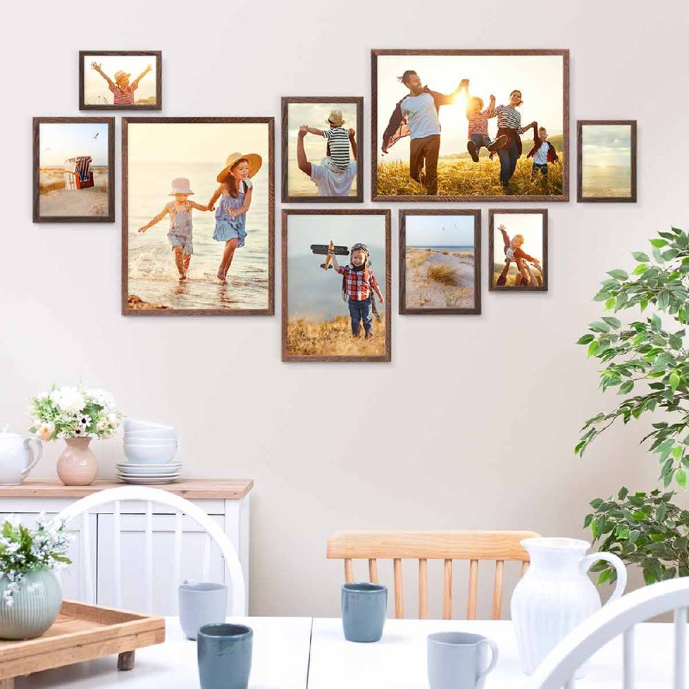 Photolini 9er Bilderrahmen-Set Eiche Dunkel Massivholz Schmal 10x15 bis 30x40 cm mit Acrylglasscheibe