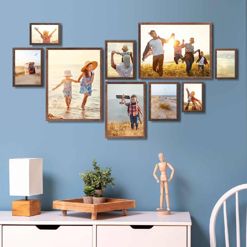 Photolini 9er Bilderrahmen-Set Eiche Dunkel Massivholz Schmal 10x15 bis 30x40 cm mit Acrylglasscheibe Top Angebot